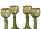 Antique Bohemian Moser Chalices Green Gilded Roemer Stem Set Of 4