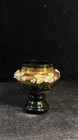 Vintage Small Green Glass Footed Gold Gilt Enamel Floral Bohemian Style