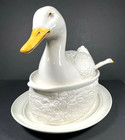 Large Soup Tureen White Ceramic Duck Motif 96 Oz With Duck Ladle   Oval Platter