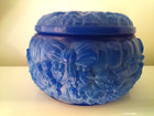 Vintage Blue Lidded Czechoslovakia Bohemia Glass Powder Trinket Box Bows Grapes