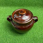 Vintage Brown Stoneware Pottery Usa Bean Pot With Lid And 2 Handles