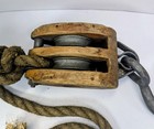 Vintage Wood Double Sheave Pulley Block   Tackle W  Rope   Metal Hook Large