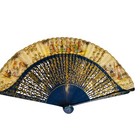 Vintage Ornate Hand Fan Asian Navy Blue Gold Plastic Rib Fabric Painted 9 