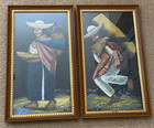 Vtg Original Mexican Folk Art Oil Painting On Horse Hair Canvas Signed 24x14 Mcm
