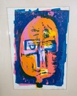 Mid Century Modern Art Print Figure Abstract Portrait Sign Signed Blue Pink Mcm