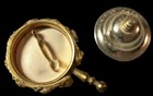 Vintage 1930 Gold Tone Pill Box Trinket Floral Rose Trim W rhinestones   Tongs