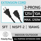 2 Prong Polarized Black Extension Cord 5 Feet 1250w 10a Thin Power Cable Male
