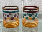 Pair 2 Vintage Mid Century Modern Lowball Whiskey Glasses Gold Trim Purple Green