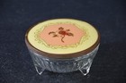 Powder Jar Ribbed Glass Footed With Floral Decorative Metal Lid Antique