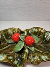 Vintage Handemade Pottery Apples On Leaf Shaped Dish Majolica Glazed 10 