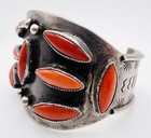 Old Pawn Navajo Native American Sterling Silver Coral Hand Etched Cuff Bracelet