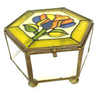 Vtg Brass Toned Painted Glass Multicolor Rose Hinged Trinket Box Jewelry Taiwan