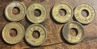 Lot Of 7 Vtg Brass Trade Tokens    good For Candy mint    Chicago Vending Co 1930 40