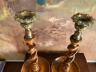Pair Tiger Oak  Antique 12 Inch  English Barley Twist Candlesticks