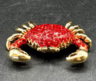 Blue Crab Bejeweled Red Crystal Enamel Trinket Box Magnetic Deep Sea Ocean