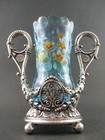 Blue Victorian Art Glass Celery Vase Enamel Floral - James W  Tufts Silver Frame