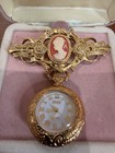 1928 Gold Tone Cameo Brooch Pin W  Dangling Roman Numeral Watch Pendant