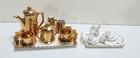 2 Vintage Doll child s Toy Tea Set German Gold Painted   White Floral Design