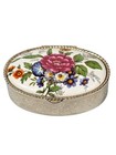 Vintage Oval Mauve Floral Design Porcelain Silver Tone Hinged Pill Trinket Box