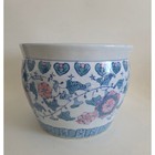 Vintage Chinese Blue   White Porcelain Planter   Cachepot Floral Motif