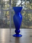 Vintage Cobalt Blue Cased Glass Vase White Interior Flared Pedestal Bud Vase 