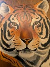 Vintage 1970s Hand Painted Tiger Portrait Wood Plaque Wall Hanging Art Signed 71