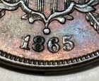 1865 Two 2 Cent Piece Fancy 5 Almost Uncirculated Au Condition Coin Rb Toned