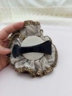 Vintage Handmade Beaded Fabric Flower Brooch Pin  Brass  Gold Beige Women