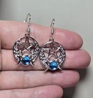 Triple Moon Goddess Pentagram Pentacle Silvertone W  Blue Stone Dangle Earrings