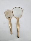 Vintage Art Nouveau Vanity Dresser Set 2 Piece Brush And Mirror Gold Tone   read