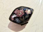 Vintage Cloisonne  Pill Box Pendant Red Flowers Black Blue Enamel 1930s Trinket