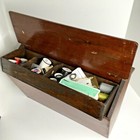 Large Old Wooden Sewing Box Caddy Double Doors Handle With Contents Homemade Vtg