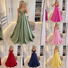 Spaghetti Strap Prom Dress V Neck Lace Applique Satin A   line Formal Evening Gown
