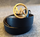 Michael Kors Leather Belt Black Women s M Gold Mk Logo Round Buckle
