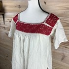 Handmade Mexican Peasant Blouse Women Os White Red Embroidery Vintage Huipil Top