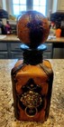 Vintage 1960s Leather And Green Glass Lions Head Liquor Decanters  Set Of  2 