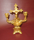 Antique Brass Jesus On Cross Crucifix Double Candlestick Holder Holy Water Font