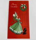 Vintage Christmas Greeting Card Pretty Girl Puppy Dog Red Door Victorian Dress