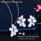 Silver Plated White Cubic Zirconia Flower Pendant Necklace Earrings Jewelry Set