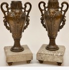 Pair French Art Nouveau Bronze Spelter Urns C1900 On Marble Bases Garnitures