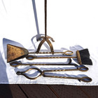 Vtg 5pc Fireplace Tool Set Wrought Iron Antique Brass Poker Tongs Broom Shovel