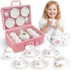 Pink Floral Porcelain Tea Set For Toddlers - Tea Party Playset With Carry Case 