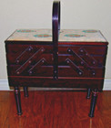 Vintage Fold Out Accordion Style Wooden Sewing Box Tapestry Fabric Lovely 