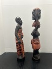 Beautiful Lot Of 2 Solid Wood Hand Carved African Statues - Handmade In Ghana 