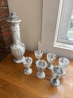 Vintage Mcm Marble Liquor Decanter Set  Antique White And Gray Wine Glasses