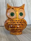 Vintage Brown Yellow Ceramic Owl Drip Glaze Candle Or Light Up Green Eyes