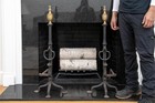 Antique Tall Wrought Iron Fireplace Andirons With Urn Form Brass Finials   a Pair