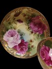 Antique Nippon Teacup   Saucer Set Huge Floating Cabbage Rose Heavy Gold Beaded