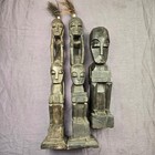 Vintage African Carved Wood Totem Figures  Set Of 3 Tribal Statues Real Hair