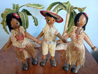 Vintage Wooden Articulated Hula Doll Set Of 5 Grass Skirt Leis Palm Trees Japan